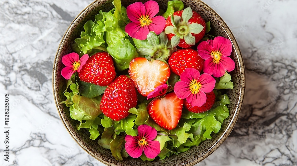 Poster fresh green salad with strawberries and edible flowers in a bowl marble background top view : genera