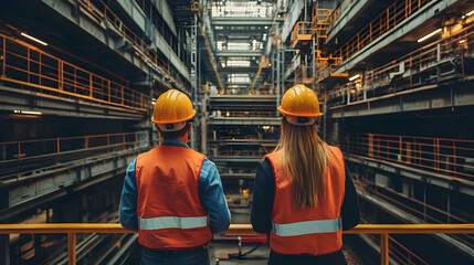 Fototapeta premium Industrial Workers Looking Out Over Factory Floor.
