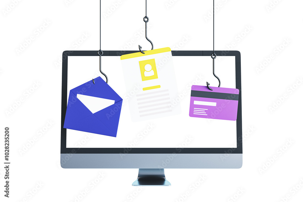 Poster hooks with email, id, and card icons on white screen background, cyber threat concept. 3d rendering