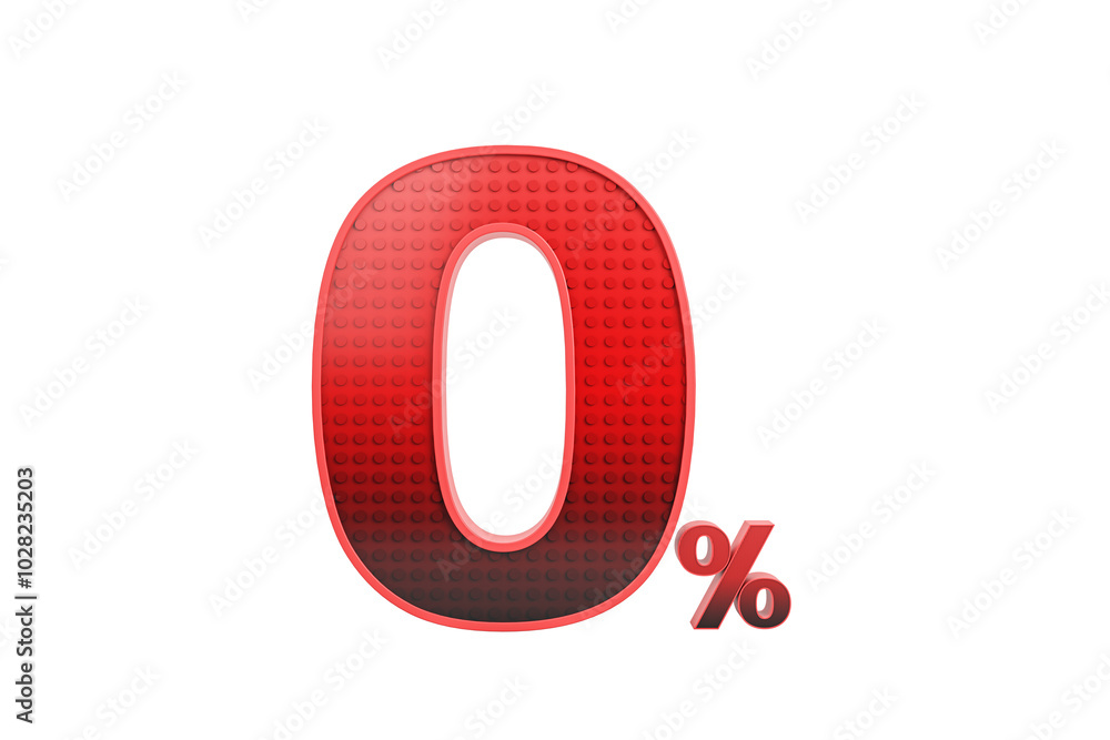 Poster Red 0 percent symbol with textured surface on white background. 3D Rendering