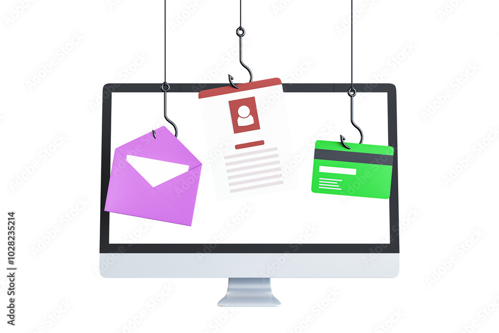 Aufkleber Phishing elements hanging from hooks on a computer screen, white background, concept of digital threats. 3D Rendering