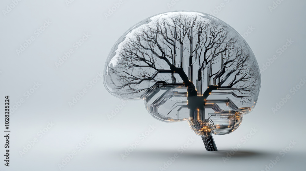 Poster metallic brain sculpture features intricate tree branches intertwined with circuit patterns, symboli