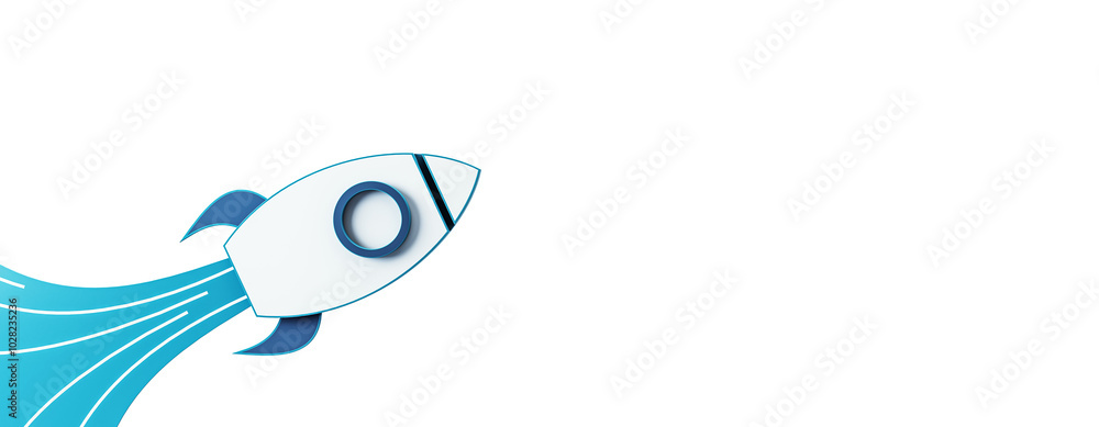 Poster white rocket with blue trail isolated on white, startup concept. 3d rendering