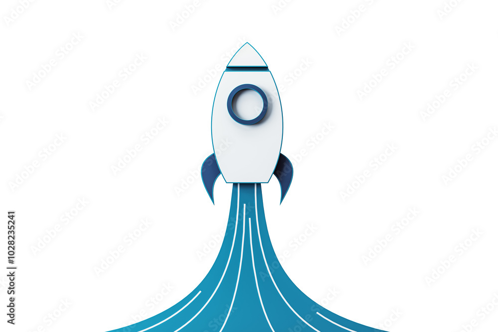 Poster rocket launching with blue trail, isolated on white background. concept of startup and growth. 3d re