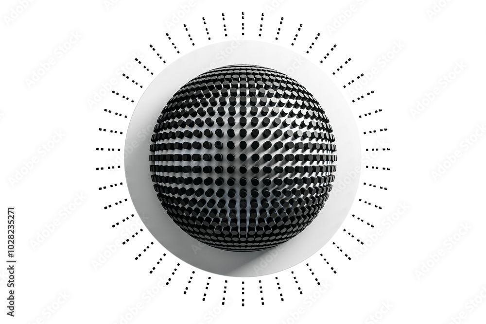 Poster Black and white sphere with radial elements on white background. 3D Rendering
