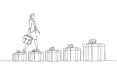 Continuous one line drawing of female employee walking from small to large bonus gift boxes, increasing company bonus concept, single line art.