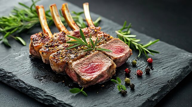 Raw meat mutton lamb rack with fresh herbs on a stone black background Top view copy space : Generative AI