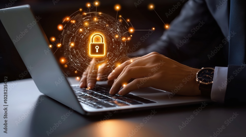 Poster a businessman typing on a laptop with a glowing padlock hologram floating above it, representing cyb