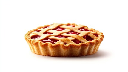 Delicious cherry pie with a golden crust, isolated on a white background.