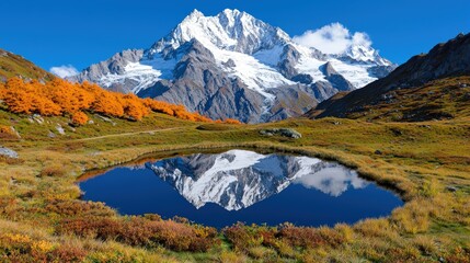 Fototapeta premium Stunning Mountain Lake Reflection with Autumn Foliage in the Alps