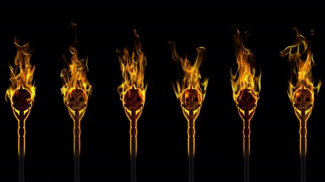 6 Burning Torches with Creepy Skulls  - Underworld Fence in Flaming Loop - Alpha Channel - Realistic 3D animation isolated on transparent background for horror and Halloween