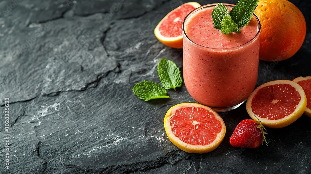 Poster strawberry pink grapefruit smoothie with acai powder on a grey stone background copy space : generat