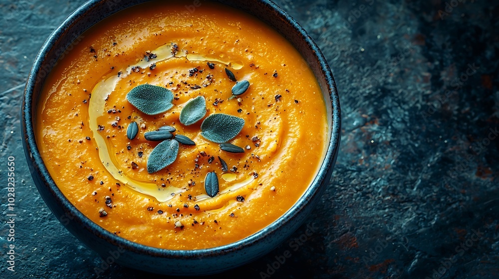 Poster pumpkin carrot cream soup in a bowl slate background close up top view : generative ai