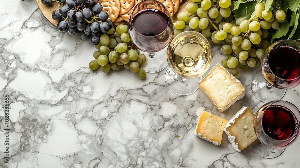 Poster assortment of cheese grapes with red and white wine in glasses marble background close up : generati