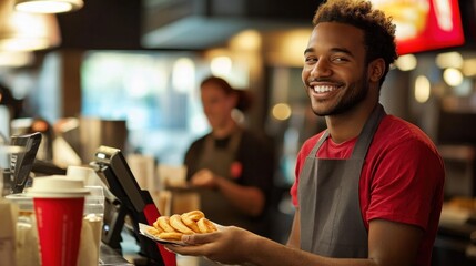 A fast food cashier serving customers at the counter, taking orders and processing payments with a smile, ensuring fast and friendly service