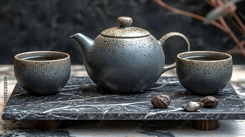 Poster tea in mugs with teapot on marble background close up : generative ai