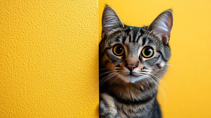 cat cautiously peeks around a corner against a yellow background created with Generative AI technology. Copy space