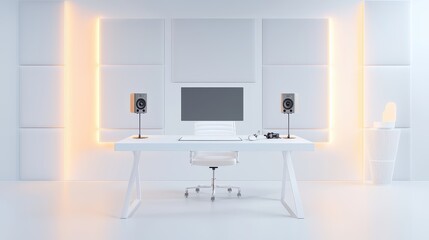 A clean, white podcast studio with minimalistic furniture and acoustic panels as the background for recordings.