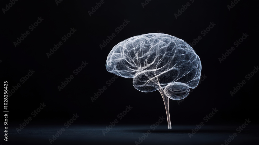 Poster minimalist brain design with thin lines extending from structure, set against dark background, evoke