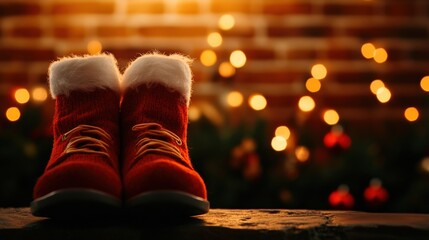 Festive red boots adorned with white fur on a blurred holiday background.