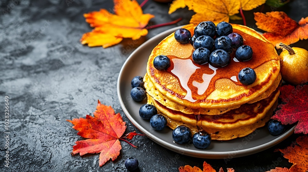 Poster pumpkin pancakes with maple syrup and blueberries on a plate grey stone background top view copy spa