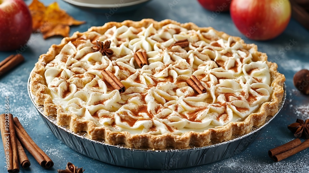Poster Apple pie with cream and cinnamon sticks on a blue background Selective focus : Generative AI