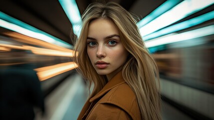 A female portrait in a subway station, with long exposure creating a dynamic blur of movement behind her, wearing casual streetwear, soft lighting highlighting her face