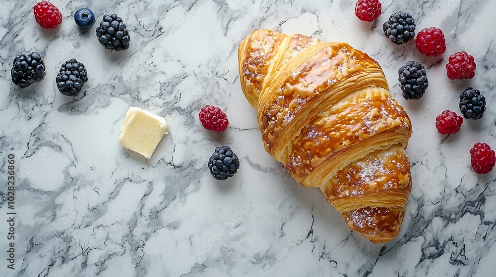 Poster Croissant with fresh berries and butter on a marble texture background Top view : Generative AI