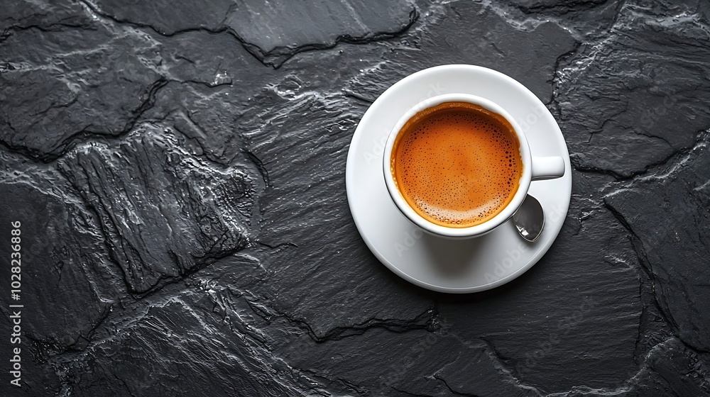 Poster coffee espresso in white cup on black slate background close up top view : generative ai