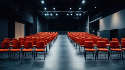 Modern Auditorium with Red Chairs in a Dark Space