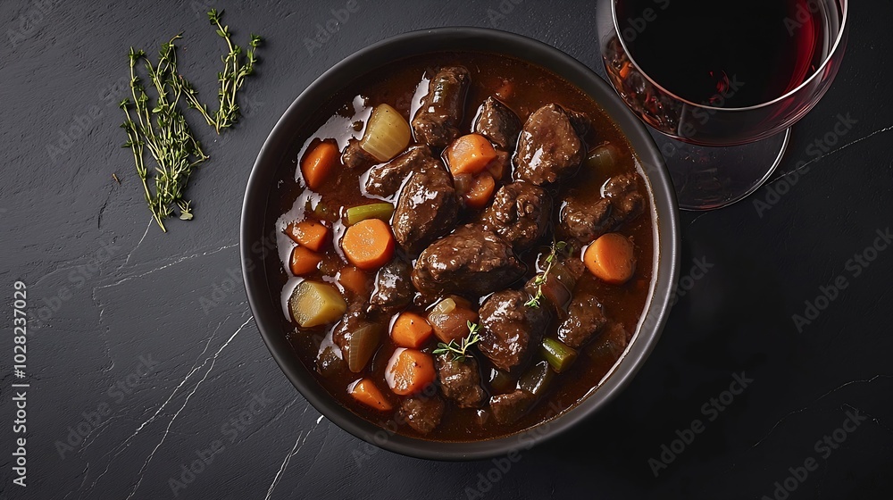 Poster Beef bourguignon stew with vegetables and red wine Grey background Top view : Generative AI