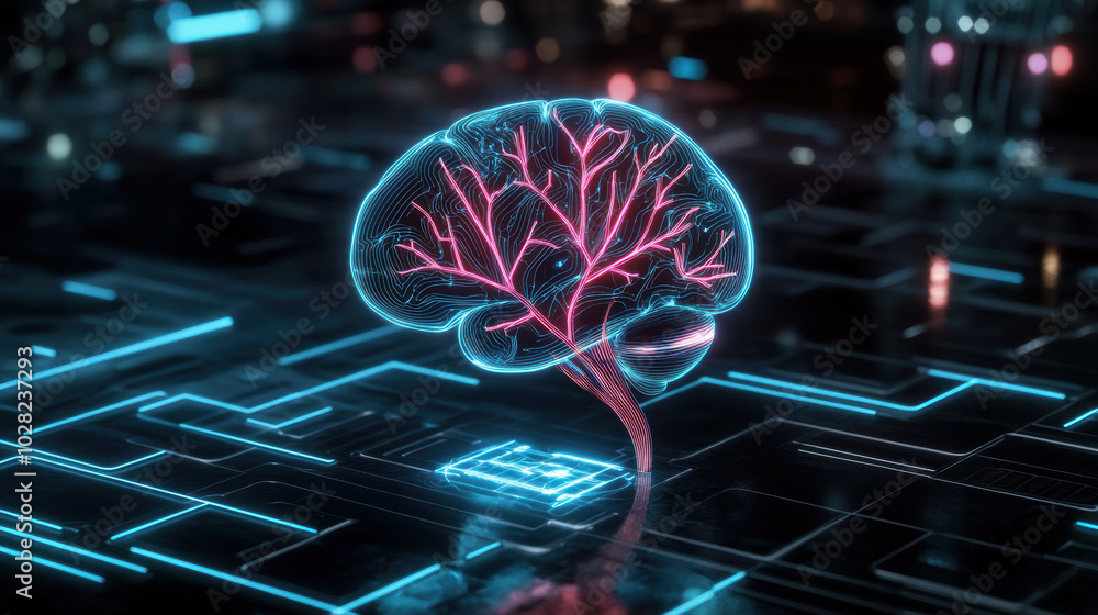 Poster neon brain with glowing tree branches extending from it, set against futuristic digital background, 