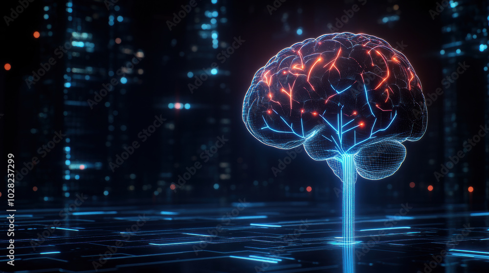 Aufkleber neon brain with glowing tree branches extending from it symbolizes connection between technology and