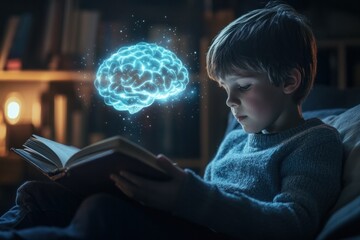 young boy reading a book, while a glowing brain hologram hovers above, symbolizing intellectual growth.