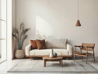 A bright and airy living room featuring neutral tones, natural wooden furniture, and potted plants, with sunlight filtering through sheer curtains and highlighting soft textures.