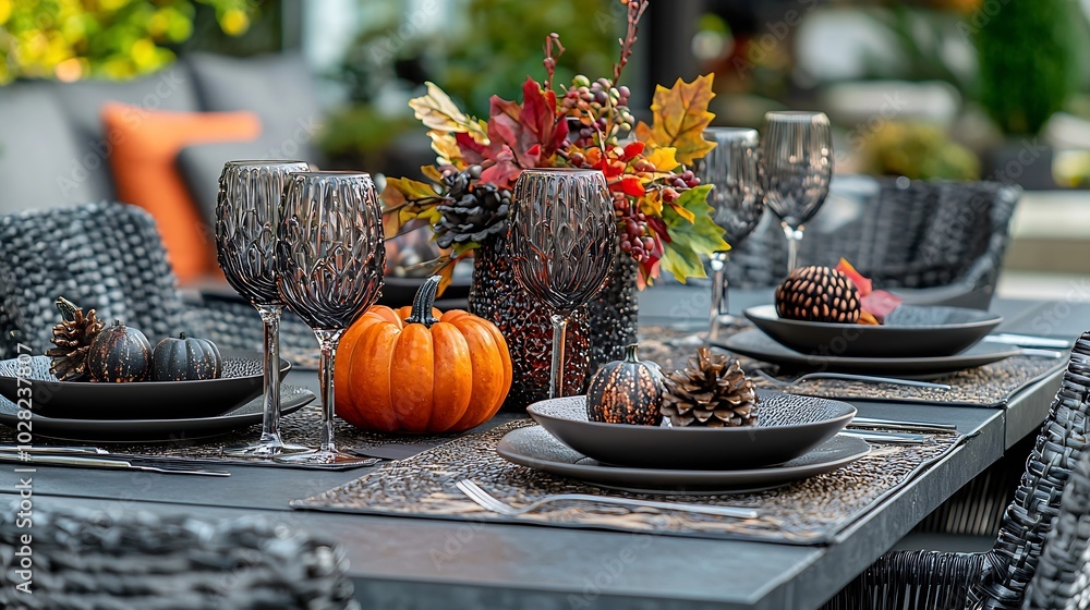 Poster Autumn table place setting with pumpkin thanksgiving halloween decoration Top view Copy space : Generative AI