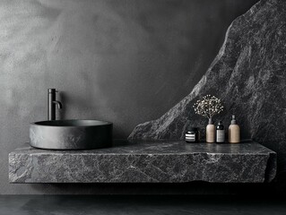 Luxurious bathroom with dark marble surfaces and a matte black sink, featuring minimalist design and elegant lighting, creating a sleek and sophisticated space with a moody, high-end aesthetic.