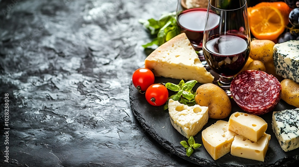 Poster cheese assortment on slate cutting board with wine grey background top view copy space : generative 