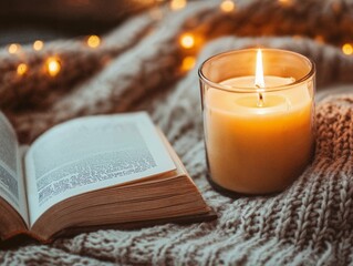 Cozy scene featuring an open book and a lit candle on a soft blanket, with warm lighting and bokeh effects in the background, evoking a sense of relaxation and comfort in a peaceful atmosphere.