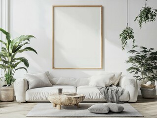 Minimalist living room with a white sofa and a blank picture frame on the wall, accented by green plants and natural decor, creating a calm and serene space with soft lighting and neutral tones.