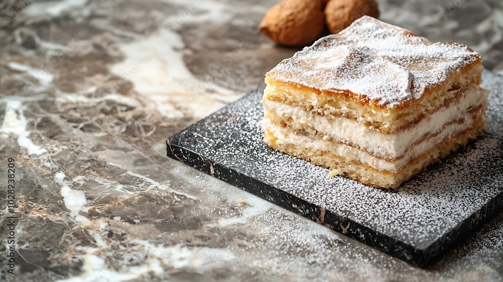 Poster traditional hungarian esterhazy cake torte marble background close up copy space : generative ai