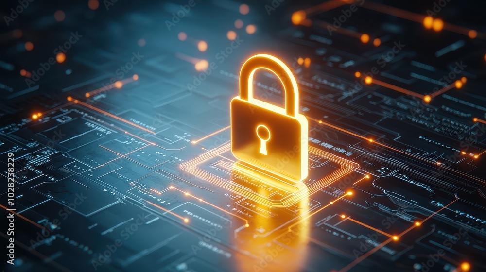 Poster a glowing padlock floating in a sea of digital code, creating a secure cybersecurity environment.