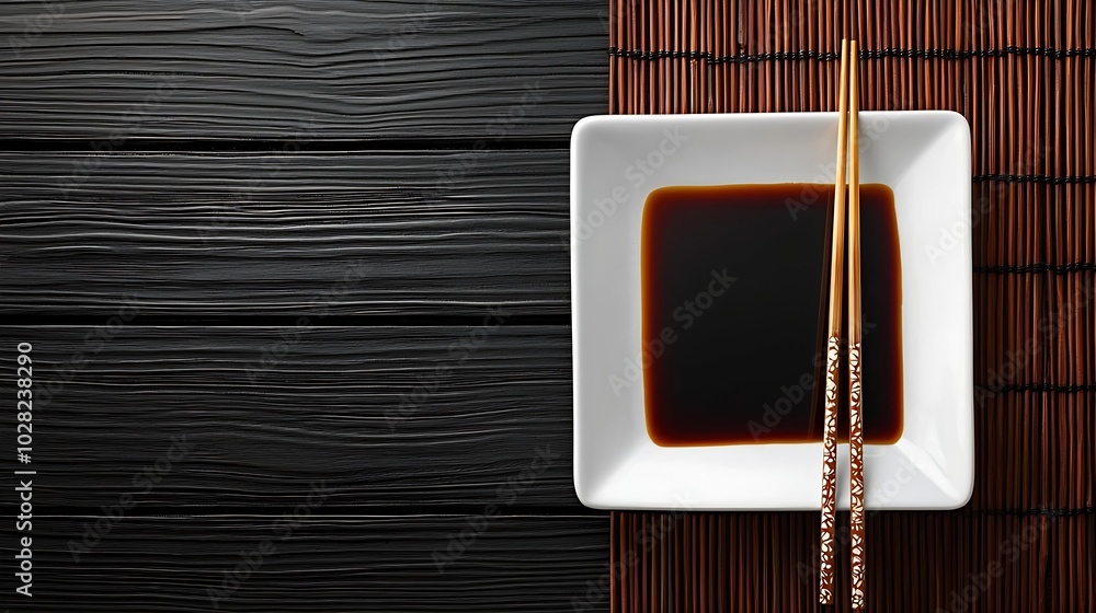 Aufkleber asian table place setting with white plate sauce bowl and chopsticks top view copy space : generativ