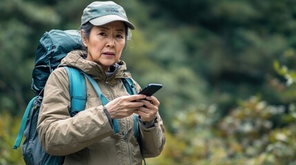 Fototapeta premium Frightened senior Asian woman in hiking clothes Holding a smartphone and asking for help while standing alone in a dense forest. Her worried expression