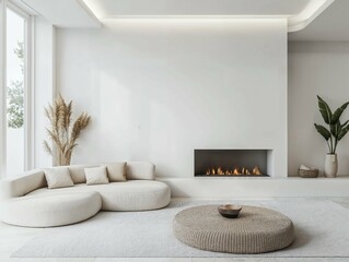 Minimalist living room with a built-in fireplace, neutral-toned furniture, and soft lighting, featuring dried pampas grass and decor, creating a warm and modern space with a clean, elegant design