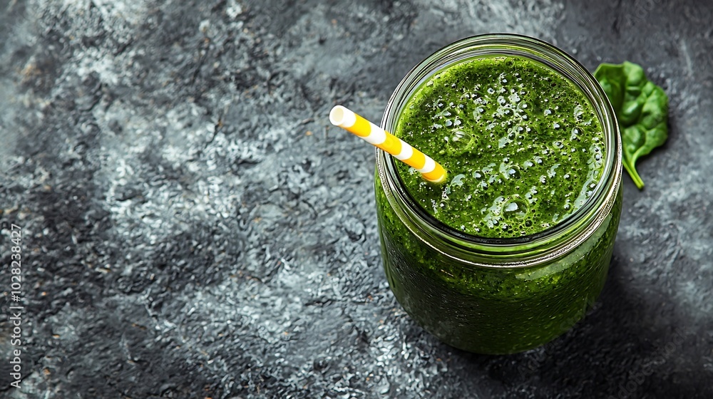 Poster spinach smoothie healthy drink in glass jar on grey stone background copy space top view : generativ