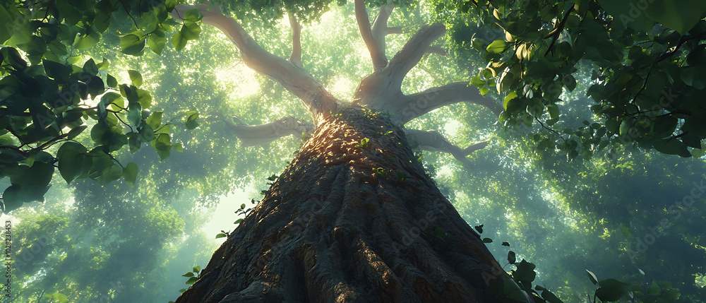 Poster sunlight streams through the canopy of a lush forest, illuminating the trunk of a towering tree.