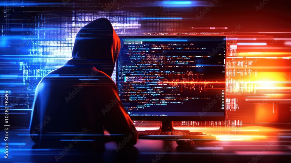Poster a hacker silhouette behind a computer screen filled with code, highlighting cybersecurity threats an