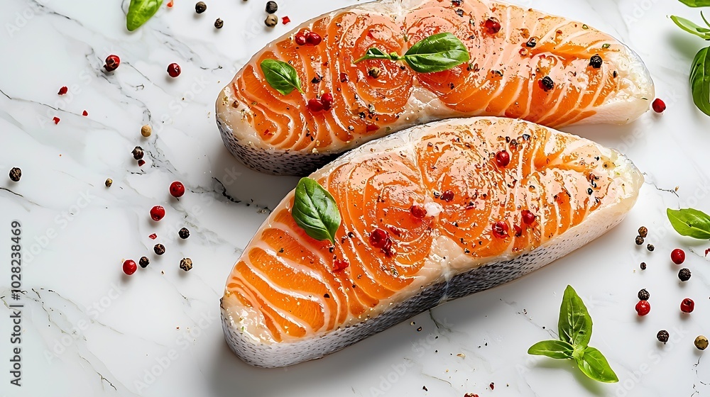 Poster salmon steaks fillet with herbs and spices white marble background top view : generative ai
