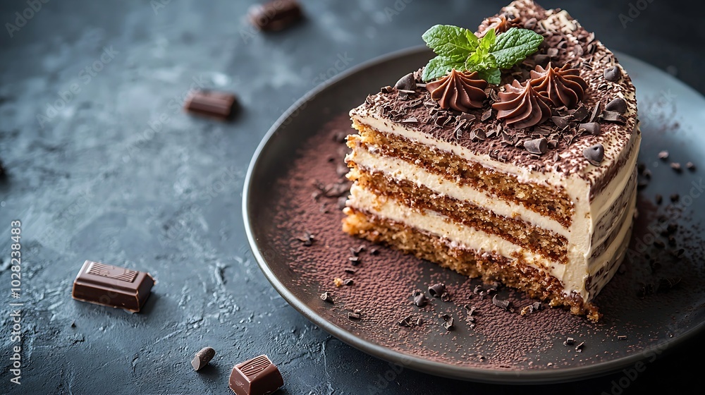 Poster tiramisu cake with chocolate decotaion on a plate grey stone background top view copy space : genera